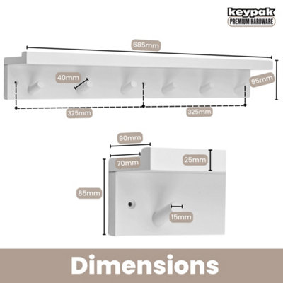 Keypak 6 Coat Hooks with Shelf, 68cm Wooden Floating Shelf with Lip, Wall Mounted Coat Rack Hallway Organiser (White)