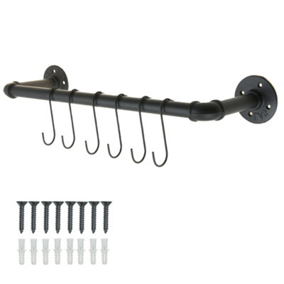 Keypak 6 Hook Industrial Pipe Rail - Wall Mounted Black Kitchen Rack ...