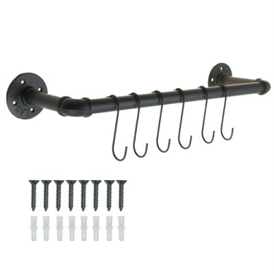 Keypak 6 Hook Industrial Pipe Rail - Wall Mounted Black Kitchen Rack - 62cm Organiser for Utensils, Pots, Lids, Towels & Cookware