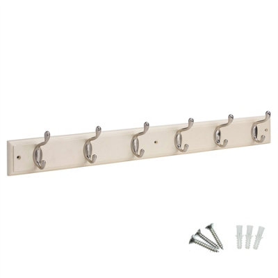 keypak 6-Hook Wall-Mounted Coat Rack, 68cm - Cream Wooden Board, Satin Nickel Coat Hooks