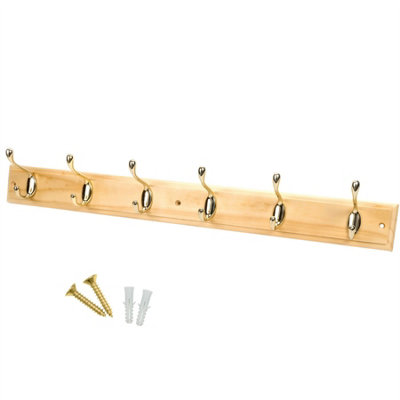 keypak 6-Hook Wall-Mounted Coat Rack, 68cm - Pine Wood Effect Board, Polished Brass Coat Hooks - Fixings Included