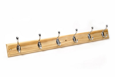 keypak 6-Hook Wall-Mounted Coat Rack, 68cm - Pine Wood Effect Board, Polished Chrome Coat Hooks - Fixings Included
