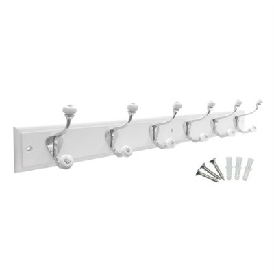 keypak 6-Hook Wall-Mounted Coat Rack, 68cm - White Board, Ceramic Tip Coat Hooks