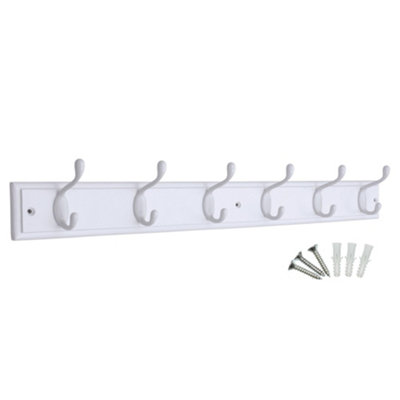 keypak 6-Hook Wall-Mounted Coat Rack, 68cm - White Wooden Board, White Coat Hooks - Fixings Included