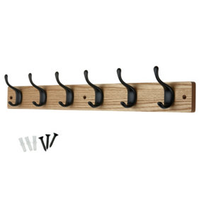 keypak 6 Matte Black Coat Hooks on Ash Effect Wooden Board - 46cm Modern Wall Mounted Coat Rack Clothes Hanger