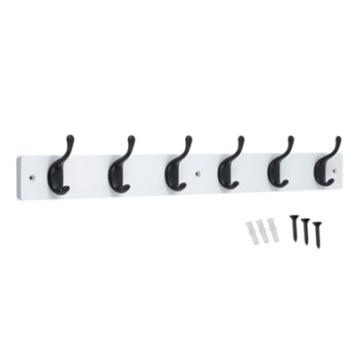 keypak 6 Matte Black Coat Hooks on White Wooden Board - 68cm Modern Wall Mounted Coat Rack Clothes Hanger