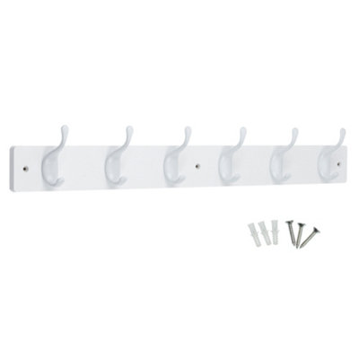 keypak 6 White Coat Hooks on White Wooden Board - 68cm Modern Wall Mounted Coat Rack Clothes Hanger