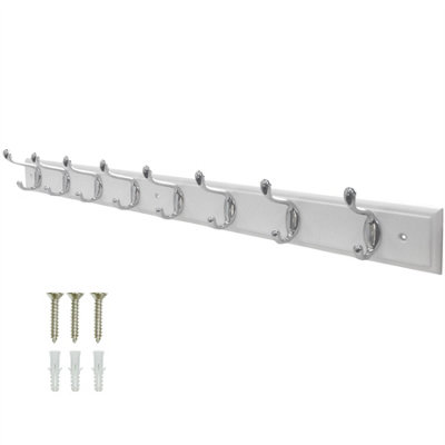Keypak 8 Hook Wall Mounted Coat Rack Chrome Hooks on White Board 84cm Rail Ideal for Bedroom, Kitchen, Hallway & Bathroom Storage