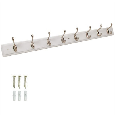 Keypak 8 Hook Wall Mounted Coat Rack Satin Nickel Double Hooks  84cm White Board Ideal for Bedrooms, Hallways & Home Organisation