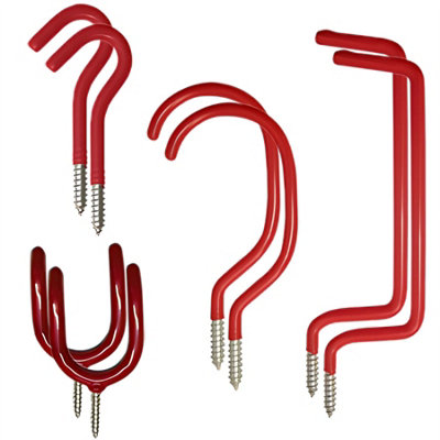Keypak Assorted Screw-In Hooks, Red PVC Coated, 50kg Capacity, Heavy-Duty, Rust Resistant, Space-Saving For Garage (8pk)