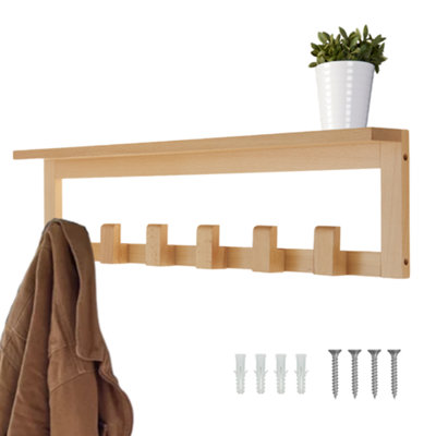 Keypak Beech Wooden Coat Rack with Shelf, 68cm Wall-Mounted 6 Hooks ...