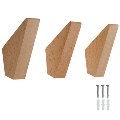 Keypak Coat Hooks Beech Decorative Wooden Wall Hooks - Set of 3 - Screw-In Hangers for Bathroom, Bedroom, Hallway