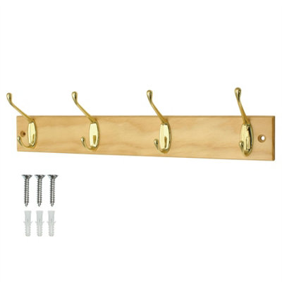 Keypak Coat Rack Wall Mounted Polished Brass 4 Double Hooks - Solid Pine Rack 45cm Clothes Hanger for Hallway, Bedroom, Bathroom