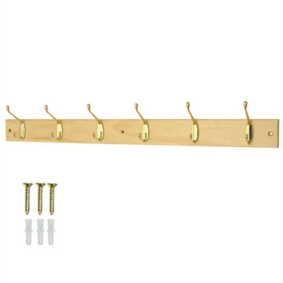 Keypak Coat Rack Wall Mounted Polished Brass 6 Double Hooks - Solid Pine Rack 69cm Clothes Hanger for Hallway, Bedroom, Bathroom