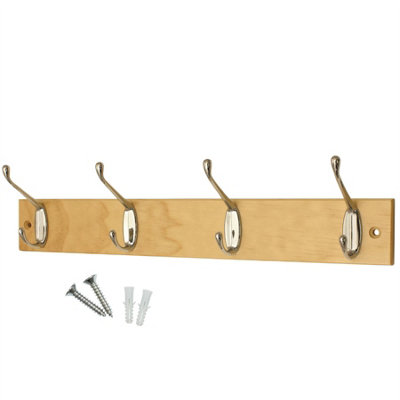 Keypak Coat Rack Wall Mounted Polished Chrome 4 Double Hooks - Solid Pine Rack 45cm Clothes Hanger for Hallway, Bedroom, Bathroom