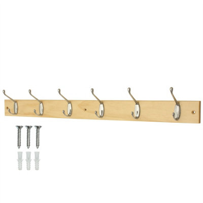 Keypak Coat Rack Wall Mounted Polished Chrome 6 Double Hooks - Solid Pine Rack 69cm Clothes Hanger for Hallway, Bedroom, Bathroom