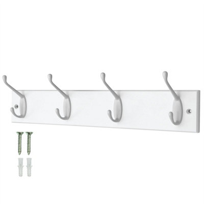 Keypak Coat Rack Wall Mounted White 4 Double Hooks - White Pine Rack 45cm Clothes Hanger for Hallway, Bedroom, Bathroom
