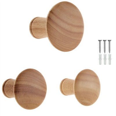 Keypak Decorative Wall Hooks Wall-Mounted Coat Hooks - Set of 3 Round Grey Wooden Hangers - Screw-In -50mm - Modern