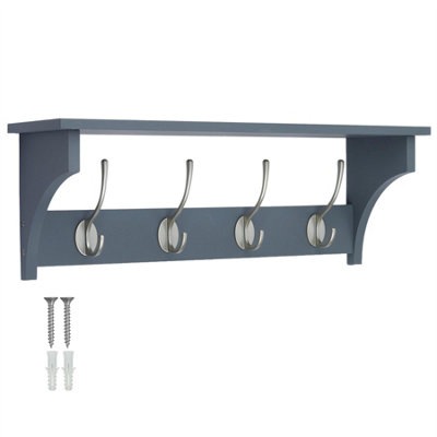 Keypak Grey Wall Shelf Wooden Coat Rack Combo 4 Satin Nickel Hooks  56cm Hallway, Bedroom, Bathroom - Wall Mounted Coat Rack