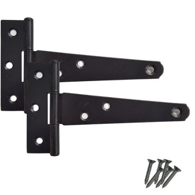 Keypak Heavy-Duty Tee Hinges 250mm (10 inch) Wooden Garden Gate, Garage & Shed Doors, Black Pack of 2