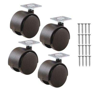Keypak Hooded Swivel Castor Twin Wheels 40mm Diameter, Plastic, Desk Office Chair Wheel with Plate, Black - 4 Pack