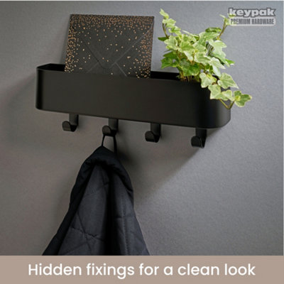 Keypak Key Holder for Wall with Shelf - Black 4 Hook Key Rack