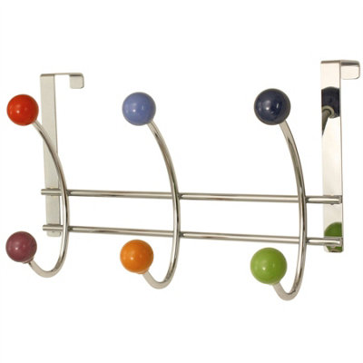 Keypak Over Door Hanger with 6 Multi-Coloured Ceramic Hooks - 27cm - Strong Metal Rack for Coats, Bags, Towels - No Drilling