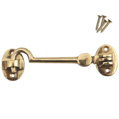 Keypak Polished Brass Cabin Hook (100mm 4 Inch) Hinge Hook & Eye Shed Gate Latch Window Latch, Includes Screws