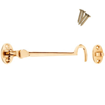 Keypak Polished Brass Cabin Hook (150mm 6 Inch)  Hinge Hook & Eye Shed Gate Latch Window Latch , Includes Screws