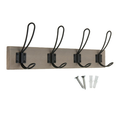 keypak Rustic Wall Mounted Coat Rack, Vintage Double Wire Coat Hooks on Wooden Base, Fixings Included (4 Hooks, Light Grey Ash)