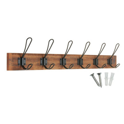keypak Rustic Wall Mounted Coat Rack Vintage Double Wire Coat Hooks on Wooden Base Fixings Included 6 Hooks Antique Finish DIY at B Q
