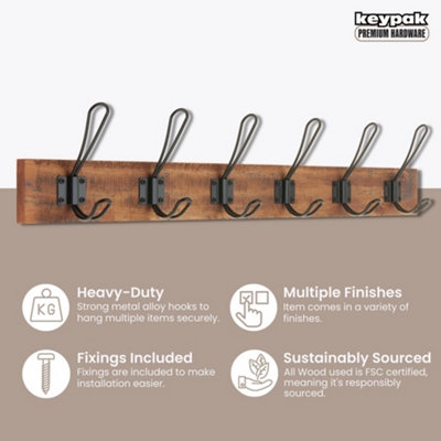 keypak Rustic Wall Mounted Coat Rack Vintage Double Wire Coat Hooks on Wooden Base Fixings Included 6 Hooks Antique Finish DIY at B Q