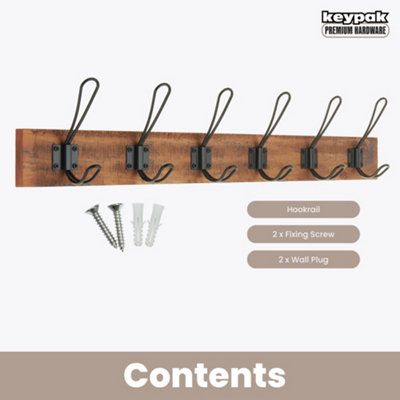 keypak Rustic Wall Mounted Coat Rack Vintage Double Wire Coat Hooks on Wooden Base Fixings Included 6 Hooks Antique Finish DIY at B Q