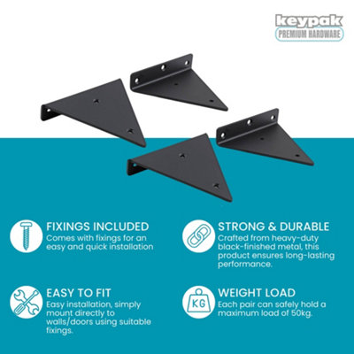 Keypak Triangle Floating Shelf Brackets, Small Hidden Wall Mounted Shelf Support, 50kg Capacity, Matte Black, 4 Pack