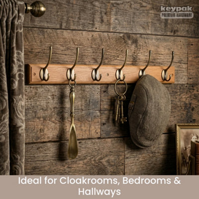 keypak Victorian 6-Hook Wall-Mounted Coat Rack, Oak Finish, Brass