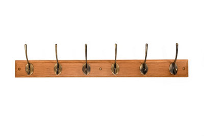 keypak Victorian 6-Hook Wall-Mounted Coat Rack, Oak Finish, Brass