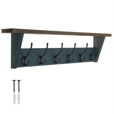 Keypak Victorian Coat Rack Shelf Combo Grey Oak 6 Hooks - 80cm Wall Mounted Coat Rack - Rustic Organiser for Hallway, Kitchen