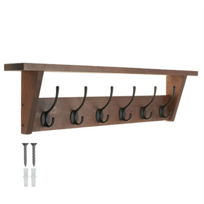 Keypak Victorian Oak Coat Rack Shelf Combo 6 Hooks 80cm - Rustic Wall Mounted Coat Rack for Hallway, Bedroom, Kitchen, Bathroom
