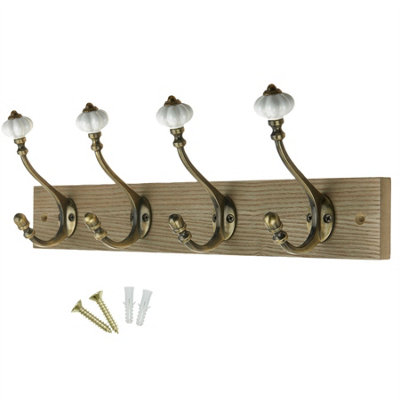 Keypak Victorian Wall-Mounted Coat 4 Hook Rail 46cm Wooden Board Ceramic Hooks for Entryways & Bathrooms