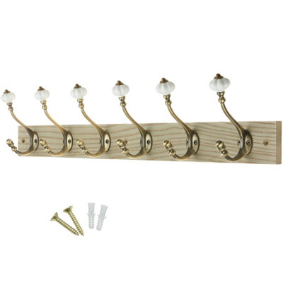Keypak Victorian Wall-Mounted Coat 4 Hook Rail 46cm Wooden Ceramic Hooks for Entryways & Bathrooms
