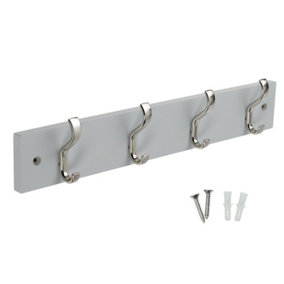 keypak Wall-Mounted Coat Rack - 4 Hooks on Modern Wooden Base for Wall & Door - 38cm (Satin Nickel/Dove Grey)