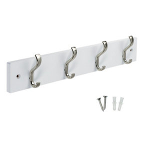 keypak Wall-Mounted Coat Rack - 4 Hooks on Modern Wooden Base for Wall & Door - 38cm (Satin Nickel/White)