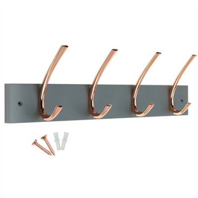 Keypak Wall Mounted Coat Rack 4 Polished Copper Hooks on Grey Board - 46cm Wide Wooden Organiser for Entryways, Bedrooms, Kitchens
