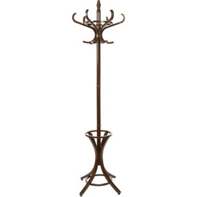Keypak Wooden Coat Stand Hanger 12 Hooks Hats Clothes Rack with Umbrella Holder - Walnut Effect