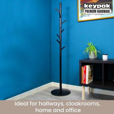 Keypak Wooden Coat Stand with Round Base 170cm Freestanding Clothes Rack Black