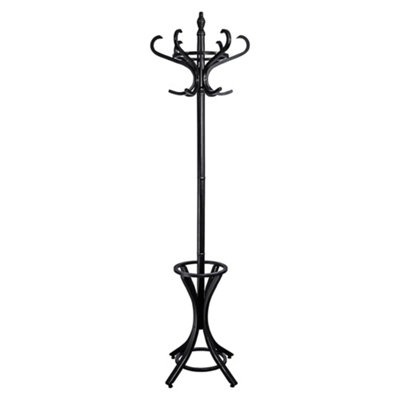Keypak Wooden Hat & Coat Stand with Umbrella Holder 185cm, 12 Hooks Freestanding Coat Rack for Hallway, Rotating Top Tier, Black