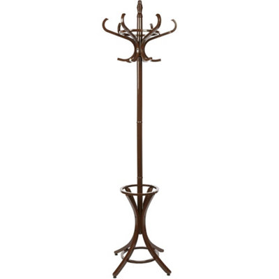 Keypak Wooden Hat & Coat Stand with Umbrella Holder 185cm, 12 Hooks Freestanding Coat Rack, Rotating Top Tier, Walnut Effect