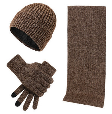 Khaki Autumn & Winter Warm Knitted Woolen Hat Scarf Gloves Set