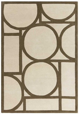 Khaki Geometric Wool Bordered Geometric Rug For Bedroom & Living Room-160cm X 230cm