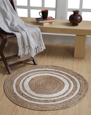 KHIDAKEE Round Border Natural Rug Hand Woven Jute / 60 cm Diameter